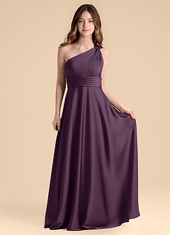 Azazie Charlize Junior Plum A-Line Pleated Stretch Satin Dress image4