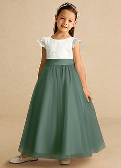 Azazie Pookie Flower Girl Dresses Eucalyptus A-Line Lace Tulle Dress image1