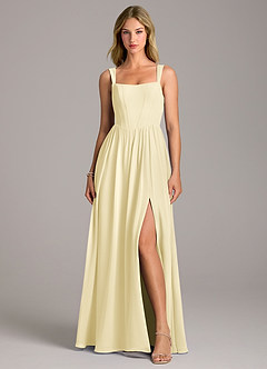 Azazie Rosaline Robes de demoiselle d'honneur Robe Trapèze en Mousseline de soie Fente Latérale Sorbet Citron image4