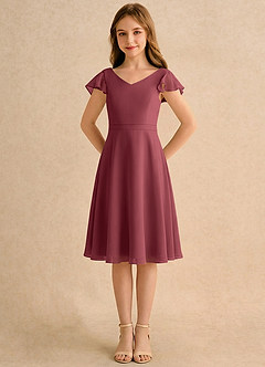 Azazie Narin Girls Formal Abiti da Ragazza di Fiori Abito A-Line in Chiffon con Maniche Merlot image5