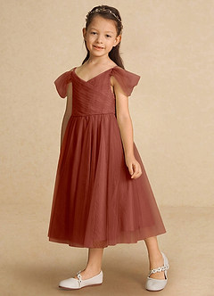 Azazie Lizzette Flower Girl Dresses Auburn A-Line Ruched Tulle Dress image5