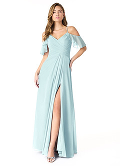 Azazie Dakota Robes de demoiselle d'honneur Robe Trapèze en Mousseline de soie Col V plissé Verre De Mer image2