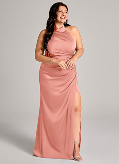 Azazie Jemma Robes de demoiselle d'honneur Robe Fourreau en Satin extensible Plissée Corail image11