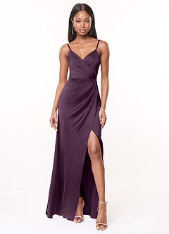 Azazie Maci Bridesmaid Dresses Plum A-Line V-Neck Pleated Stretch Satin Dress image4
