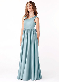 Azazie Hathaway Junior Moody Blue A-Line Bow Stretch Satin Dress image4