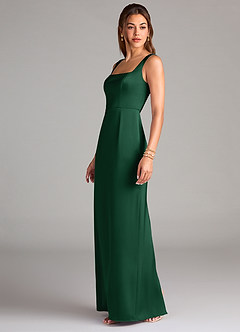 Azazie Flori Vestidos de damas de honor Vestido de Verde Oscuro de Satén Elástico de Corte Recto con Corte Lateral image4