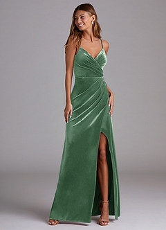 Azazie Maci Bridesmaid Dresses Eucalyptus Sheath Pleated Velvet Dress image1