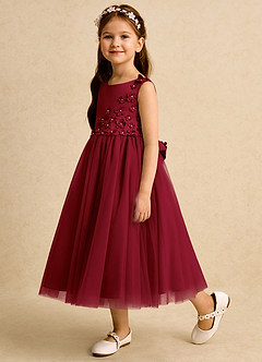Azazie Malva vestidos de niña de las flores Vestido de Borgoña de Tul de Princesa con Lazo image3