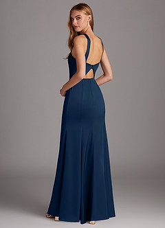 Azazie Elana Bridesmaid Dresses Dark Navy Sheath Side Slit Stretch Satin Dress image2