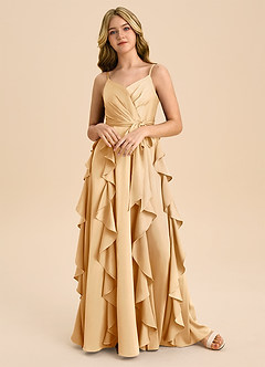 Azazie Peyton Junior Abito A-Line in Raso Elasticizzato Plissettato Oro image4