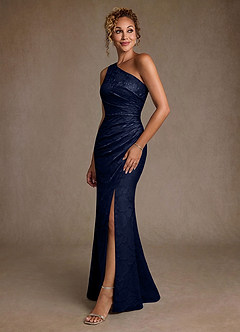 Azazie Joylin Mother of the Bride Dresses Dark Navy Trumpet One Shoulder Floral Burnout Dress image3