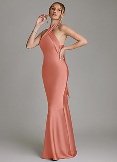 Azazie Reign Bridesmaid Dresses Salmon Pink Mermaid Pleated Stretch Satin Dress image6