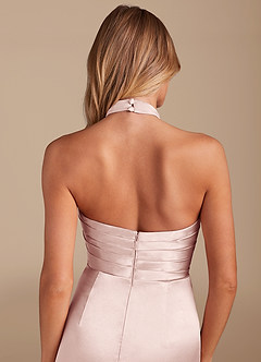 Azazie Jemma Bridesmaid Dresses Blushing Pink Sheath Pleated Metallic Satin Dress image2