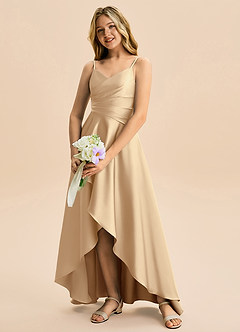 Azazie Eirlys Junior Robe Trapèze en Satin extensible Plissée Champagne image4