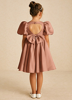 Azazie Muffin Flower Girl Dresses Bronzer A-Line with Sleeves Matte Satin Dress image1