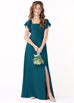 Azazie Bondi Junior Ink Blue A-Line Bow Chiffon Dress image1