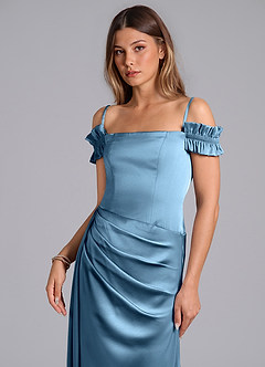 Azazie Kalysia Brautjungfernkleider Wandelbar Meerjungfrau-Linie Schulterfrei Stretch-Satin Kleid Stahlblau image5