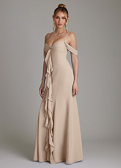 Azazie Karmela Bridesmaid Dresses Taupe A-Line Off the Shoulder Chiffon Dress image5