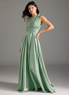 Azazie Charlize Bridesmaid Dresses Agave A-Line One Shoulder Stretch Satin Dress image4