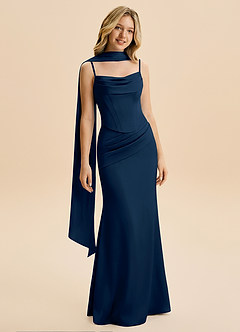 Azazie Sorrel Junior Dark Navy Mermaid Ruched Stretch Satin Dress image5