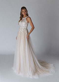 Azazie Maribelle Vestidos de noiva Vestido Diamante Branco Nu de Tule de Linha A com Lantejoulas image4