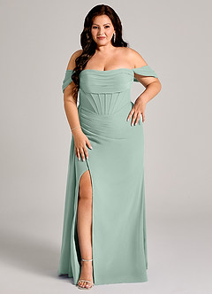 Azazie Amyra Bridesmaid Dresses Agave Sheath Off the Shoulder Chiffon Convertible Dress image12
