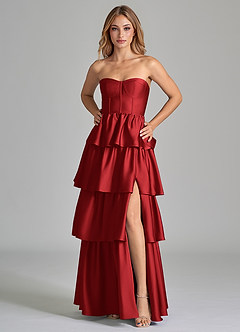 Azazie Faye Bridesmaid Dresses Pomegranate A-Line Ruched Stretch Satin Dress image5