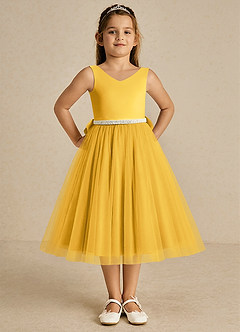 Azazie Firefly Flower Girl Dresses Marigold A-Line Bow Matte Satin Dress image3