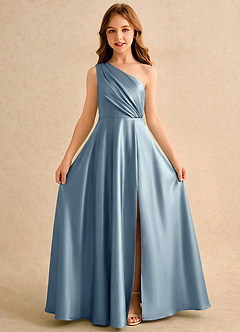 Azazie Puddles Junior Formal Flower Girl Dresses Dusty Blue A-Line One Shoulder Stretch Satin Dress image5
