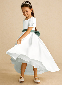 Azazie Zippy Flower Girl Dresses Ivory Eucalyptus A-Line with Sleeves Matte Satin Dress image4