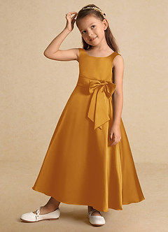 Azazie Lindy Flower Girl Dresses Butterscotch A-Line Pleated Matte Satin Dress image3