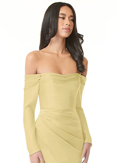 Azazie Hallie Bridesmaid Dresses Lemon Sorbet Sheath Off-The-Shoulder Long Sleeve Stretch Satin Convertible Dress image1