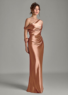 Azazie Emerson Robes de demoiselle d'honneur Robe Sirène en Satiné métallisé Épaule décolletée Bronze image5