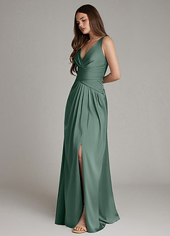 Azazie Pauline Bridesmaid Dresses Eucalyptus A-Line Pleated Stretch Satin Dress image6