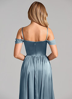 Azazie Raisa Bridesmaid Dresses Dusty Blue A-Line Off the Shoulder Stretch Satin Dress image2