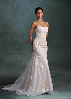 Azazie Ella At-home Try On Dresses Diamond White Champagne Mermaid Sweetheart Neckline Tulle Dress image8