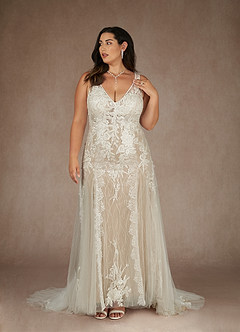 Azazie Konstantin Wedding Dresses Diamond White Nude Mermaid Sequins Tulle Dress image6