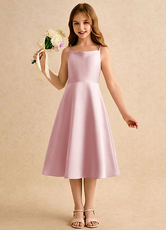 Azazie Jaella Girls Formal Robe Demoiselle D'honneur Fillette Robe Trapèze en Mat Satiné Plissée Rose Poudré image4