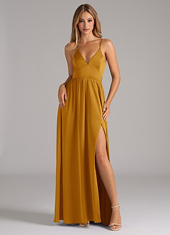 Azazie Aaida Robes de demoiselle d'honneur Robe Trapèze en Satin extensible Corset Caramel écossais image1