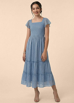 Azazie Taffy Junior Formal Vestido de Azul Polvo Crepuscular de Gasa de Corte en A con Volante image2