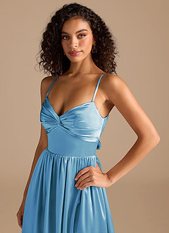 Azazie Zeya Bridesmaid Dresses Steel Blue A-Line Pleated Metallic Satin Dress image3