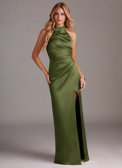 Azazie Jemma Bridesmaid Dresses Olive Sheath Pleated Stretch Satin Dress image3