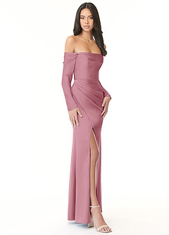 Azazie Hallie Bridesmaid Dresses Vintage Mauve Mermaid Off-The-Shoulder Long Sleeve Stretch Satin Convertible Dress image5