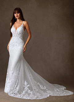 Azazie Selene Final Sale Diamond White Mermaid V-Neck Lace Dress image7