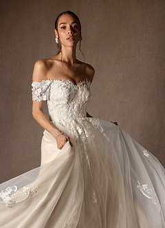 Azazie Rowe Wedding Dresses Diamond White Champagne Ball-Gown Off the Shoulder Tulle Dress image8