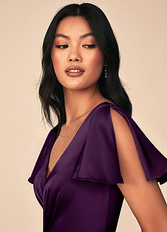 Azazie Soren Bridesmaid Dresses Grape A-Line Pleated Stretch Satin Dress image6
