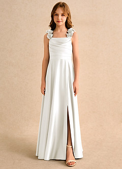 Azazie Rosita Junior Formal Blumenmädchenkleider A-Linie Plissee Matte Satin Kleid Elfenbein image3