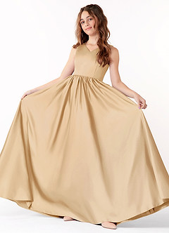 Azazie Hathaway Junior Gold A-Line Bow Stretch Satin Dress image2