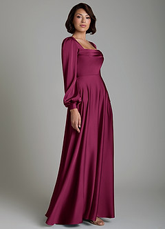 Azazie Solana Bridesmaid Dresses Red Plum A-Line Long Sleeve Stretch Satin Dress image5