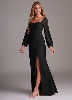Azazie Charissa Bridesmaid Dresses Black Sheath Long Sleeve Chiffon Dress image4